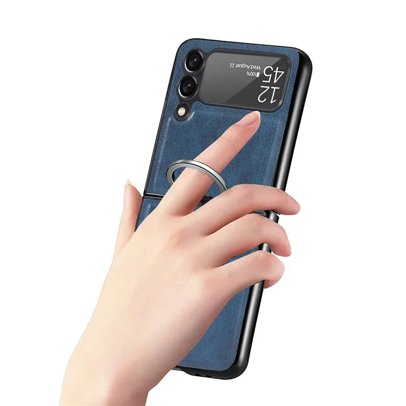 For Samsung Galaxy Z Flip3 5G Finger Ring Holder PU Leather Coated PC Case Anti-scratch Folding Phone Cover - Blue