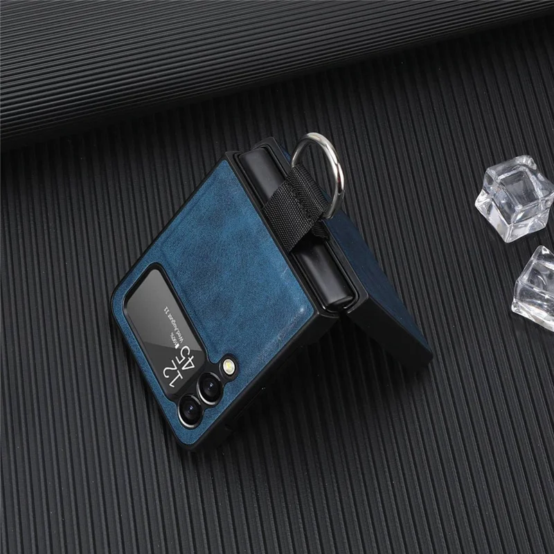 For Samsung Galaxy Z Flip3 5G Finger Ring Holder PU Leather Coated PC Case Anti-scratch Folding Phone Cover - Blue