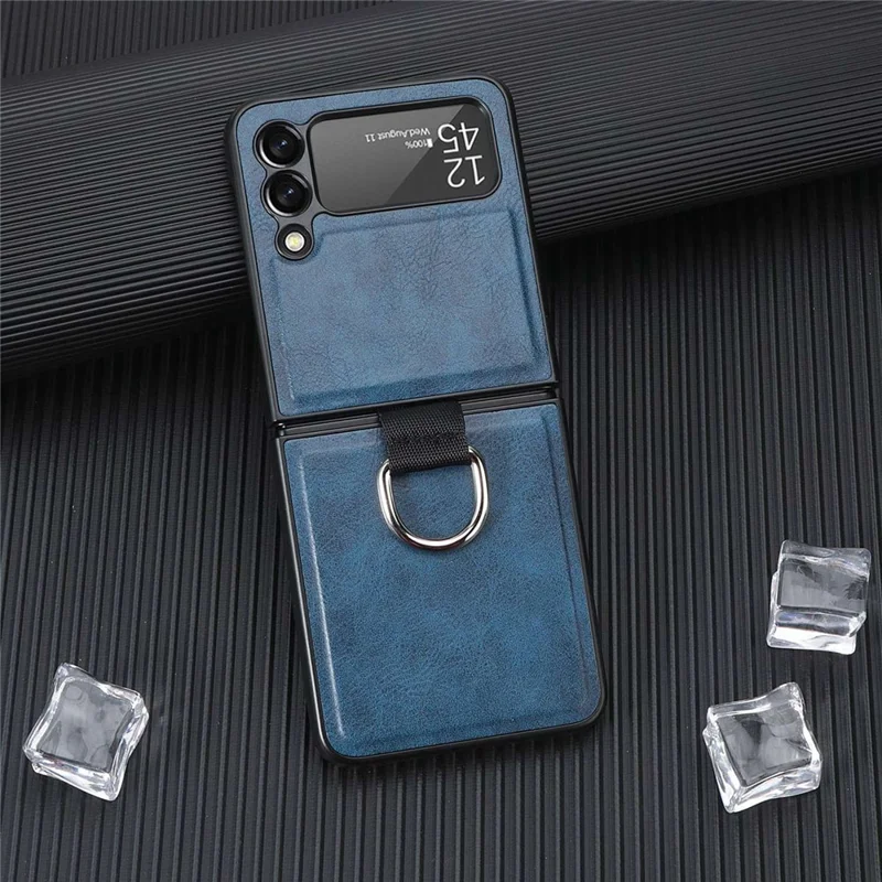 For Samsung Galaxy Z Flip3 5G Finger Ring Holder PU Leather Coated PC Case Anti-scratch Folding Phone Cover - Blue