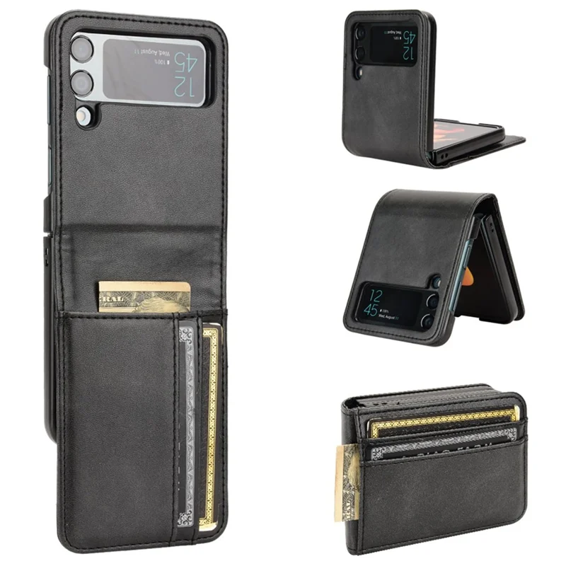 For Samsung Galaxy Z Flip3 5G PU Leather Cover Folding Phone Case Hard PC Cover with Wallet Design - Black