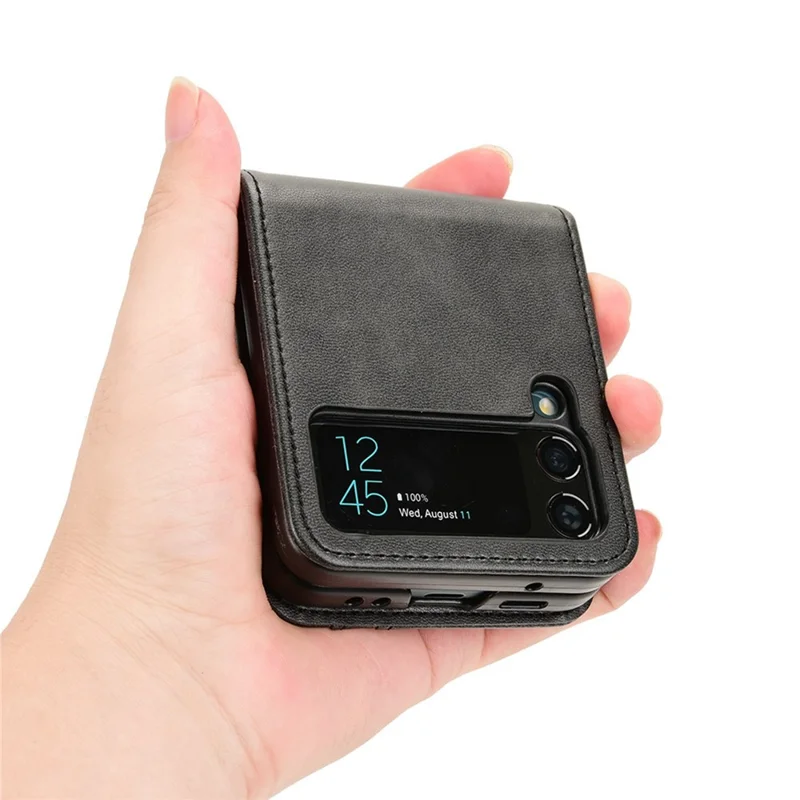 For Samsung Galaxy Z Flip3 5G PU Leather Cover Folding Phone Case Hard PC Cover with Wallet Design - Black