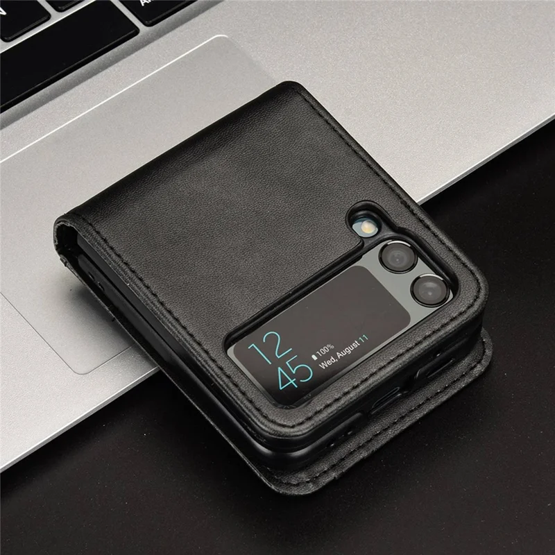 For Samsung Galaxy Z Flip3 5G PU Leather Cover Folding Phone Case Hard PC Cover with Wallet Design - Black