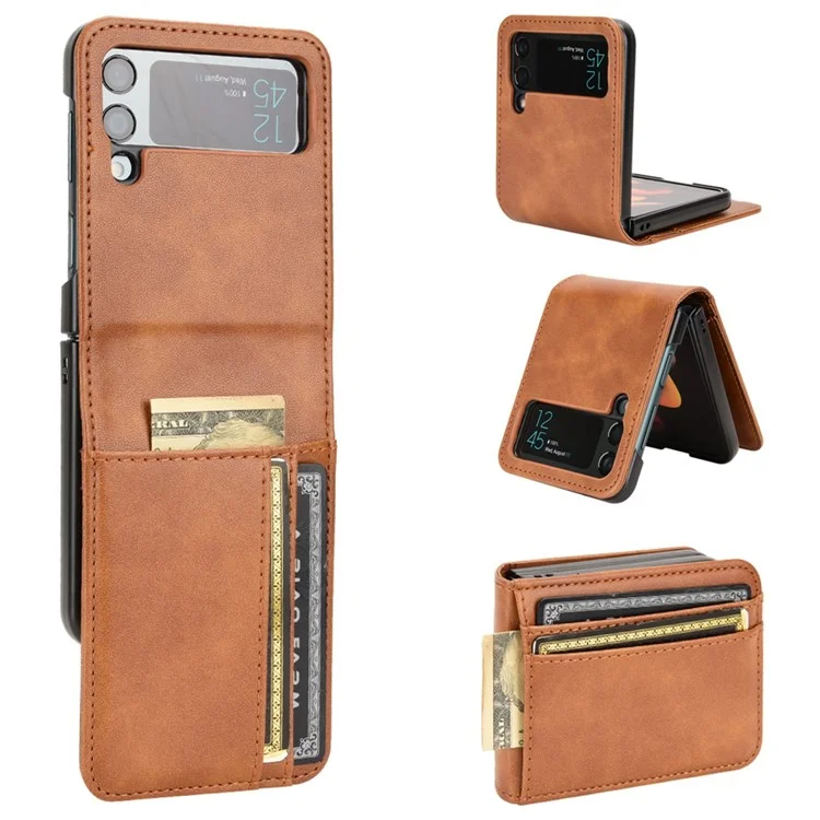 Wallet Phone Case for Samsung Galaxy Z Flip4 5G, PU Leather Cover Inner PC Folding Shell - Brown