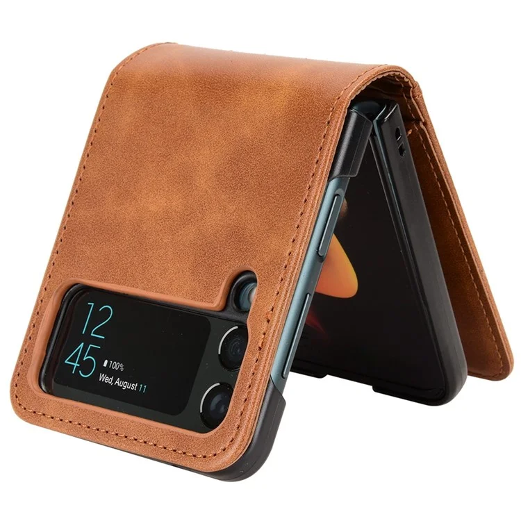Wallet Phone Case for Samsung Galaxy Z Flip4 5G, PU Leather Cover Inner PC Folding Shell - Brown