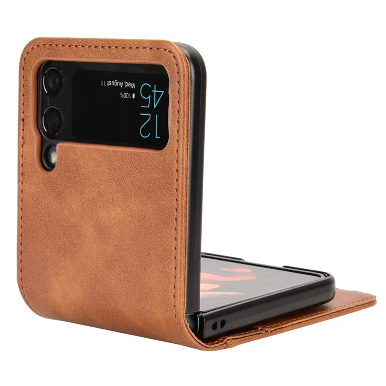 Wallet Phone Case for Samsung Galaxy Z Flip4 5G, PU Leather Cover Inner PC Folding Shell - Brown