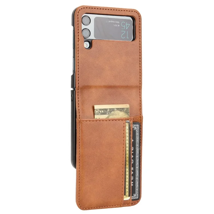Wallet Phone Case for Samsung Galaxy Z Flip4 5G, PU Leather Cover Inner PC Folding Shell - Brown