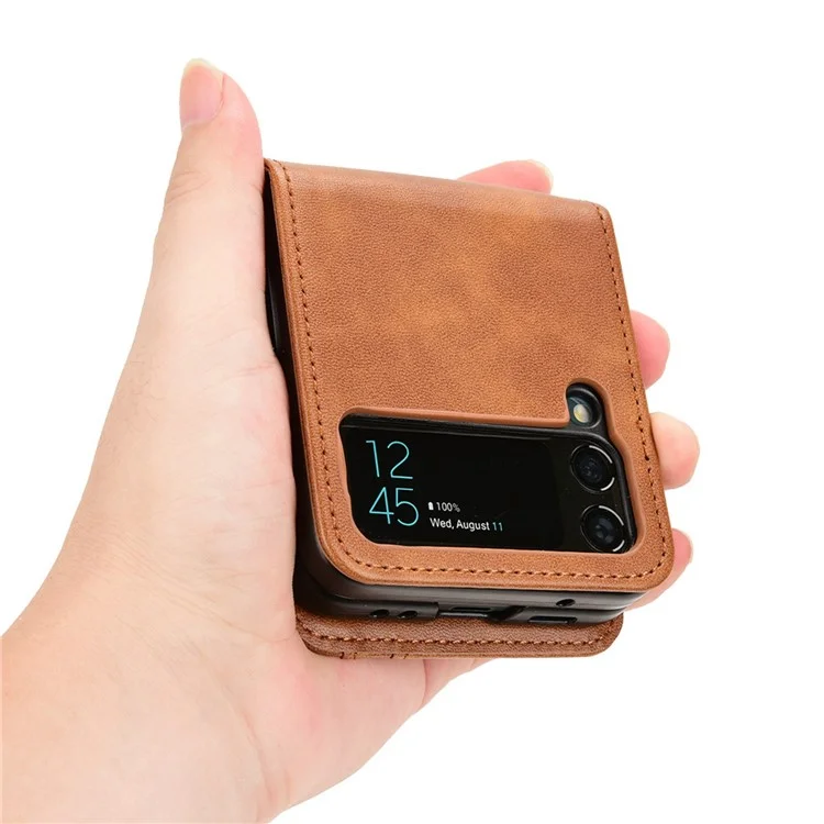 Wallet Phone Case for Samsung Galaxy Z Flip4 5G, PU Leather Cover Inner PC Folding Shell - Brown