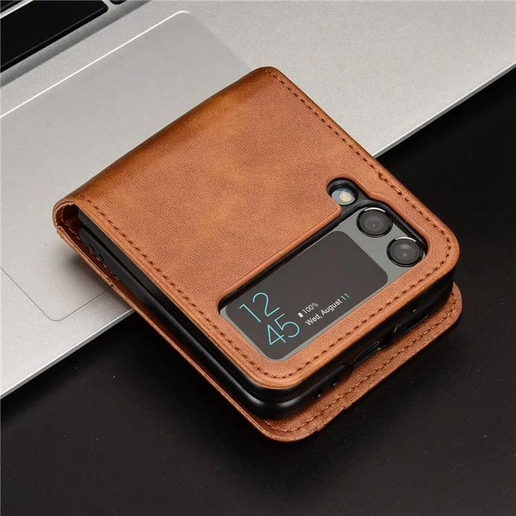 Wallet Phone Case for Samsung Galaxy Z Flip4 5G, PU Leather Cover Inner PC Folding Shell - Brown