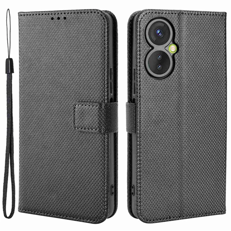 Pour Tecno Spark 9 Pro 4G (KH7) / Spark 9T 4G PU Portefeuille en Cuir Support Folio Cover Diamond Texture Texture Magnétique Protection Écoute Flip Avec Sangle - le Noir