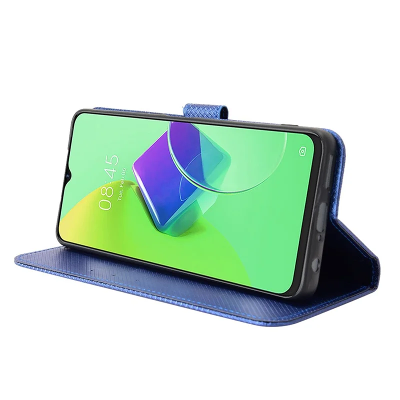 For TECNO Spark 9 Pro 4G (KH7) / Spark 9T 4G PU Leather Case Wallet Stand Diamond Texture Flip Case with Strap - Blue