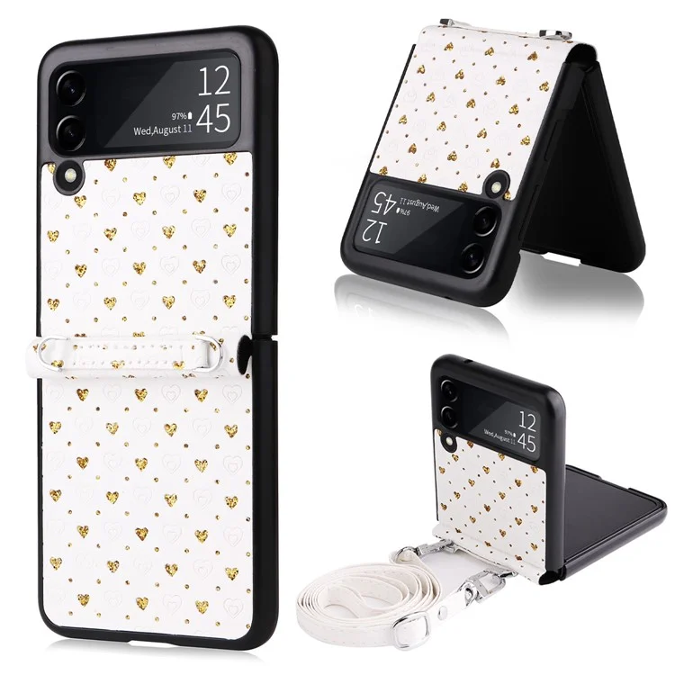 Per Samsung Galaxy Z Flip3 5G PC Rivestito in Pelle PU Custode a Più Forme di Cuore Con Una Tracolla Con Spalla - Oro