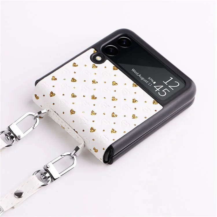 Per Samsung Galaxy Z Flip3 5G PC Rivestito in Pelle PU Custode a Più Forme di Cuore Con Una Tracolla Con Spalla - Oro
