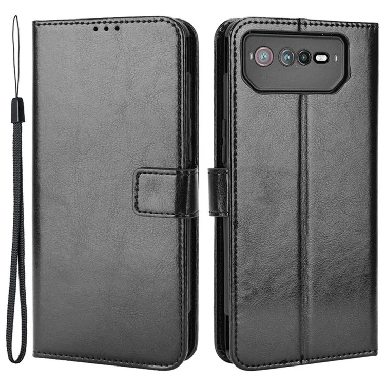 Para Asus ROG Phone 6 5G / Phone 6 Pro 5G Crazy Horse Texture Wallet Case PU Leather Stand Wrist Strap Inner TPU Shockproof Flip Cover - Black