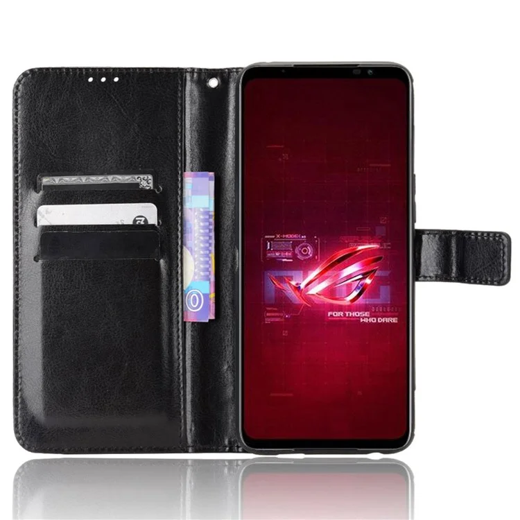 Para Asus ROG Phone 6 5G / Phone 6 Pro 5G Crazy Horse Texture Wallet Case PU Leather Stand Wrist Strap Inner TPU Shockproof Flip Cover - Black