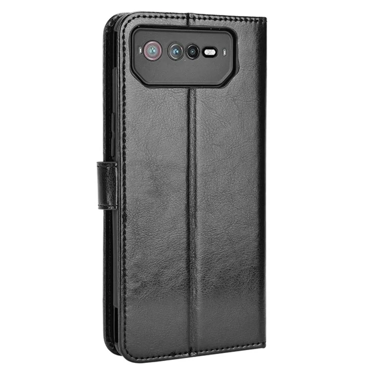 Para Asus ROG Phone 6 5G / Phone 6 Pro 5G Crazy Horse Texture Wallet Case PU Leather Stand Wrist Strap Inner TPU Shockproof Flip Cover - Black