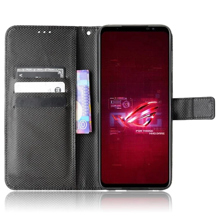 Para el Teléfono Asus Rog 6 5G / Teléfono 6 Pro 5G Diamond Textura Magnética Magnia PU PU Cuero Flip Willet Willet Con Correa - Negro