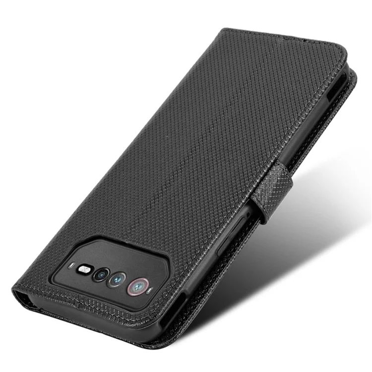 Para el Teléfono Asus Rog 6 5G / Teléfono 6 Pro 5G Diamond Textura Magnética Magnia PU PU Cuero Flip Willet Willet Con Correa - Negro