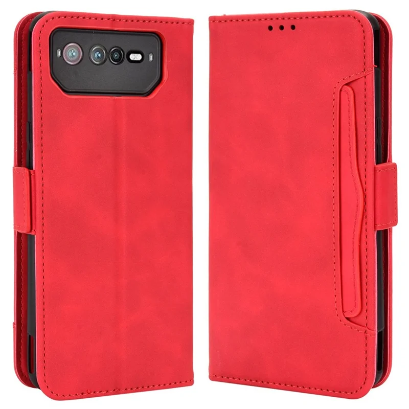 For Asus ROG Phone 6 5G / Phone 6 Pro 5G PU Leather Flip Folio Case Stand Function Multiple Card Slots Wallet Phone Cover - Red