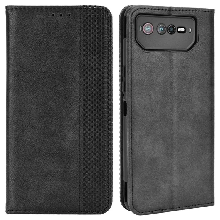 Pour Asus ROG Phone 6 5G / Phone 6 Pro 5G Rétro Texture PU Cuir Magnétique Auto Fermeture Étui Protective Wallet Stand Couverture - Noir