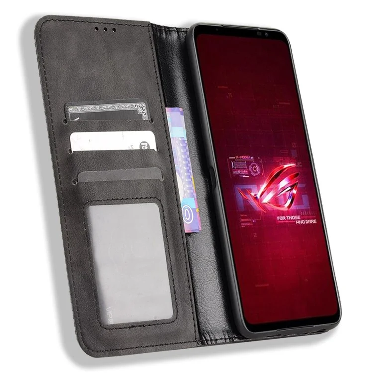 Pour Asus ROG Phone 6 5G / Phone 6 Pro 5G Rétro Texture PU Cuir Magnétique Auto Fermeture Étui Protective Wallet Stand Couverture - Noir