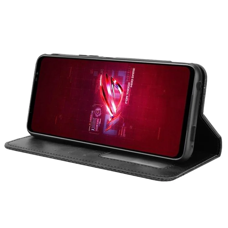 Pour Asus ROG Phone 6 5G / Phone 6 Pro 5G Rétro Texture PU Cuir Magnétique Auto Fermeture Étui Protective Wallet Stand Couverture - Noir