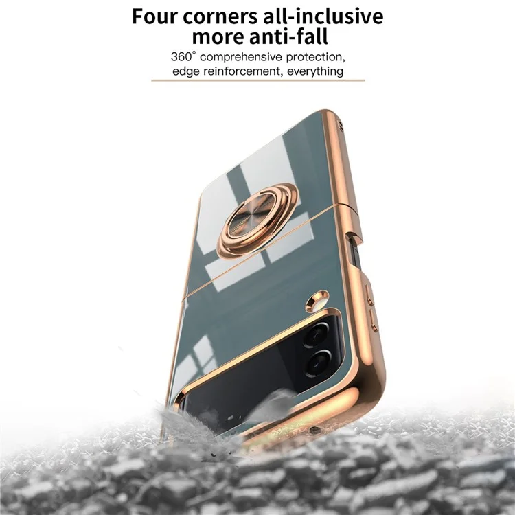 Per Samsung Galaxy Z Flip4 5G Ring Kickstand PC Case Electroplating Folding Phone Cover con Car Mount Metal Sheet - Nero