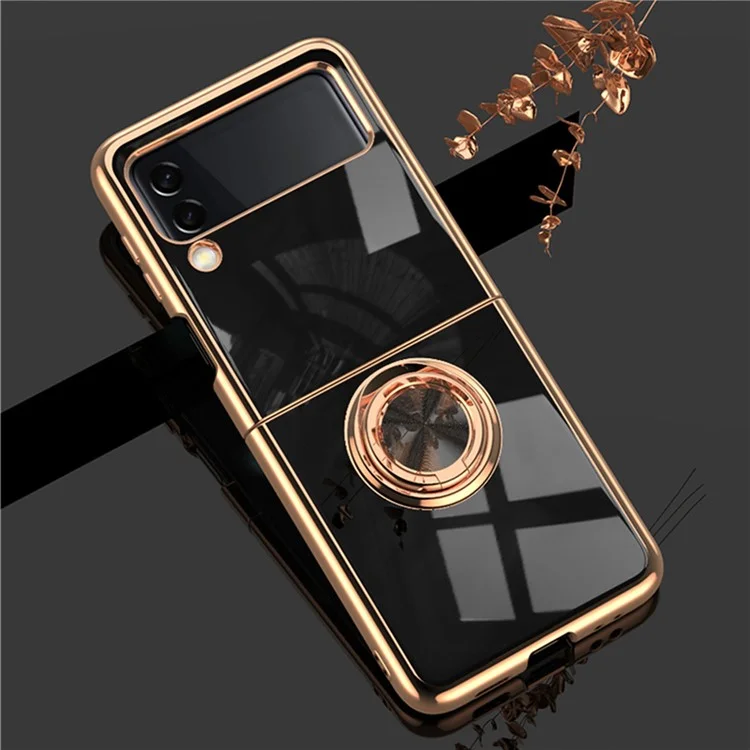 Per Samsung Galaxy Z Flip4 5G Ring Kickstand PC Case Electroplating Folding Phone Cover con Car Mount Metal Sheet - Nero