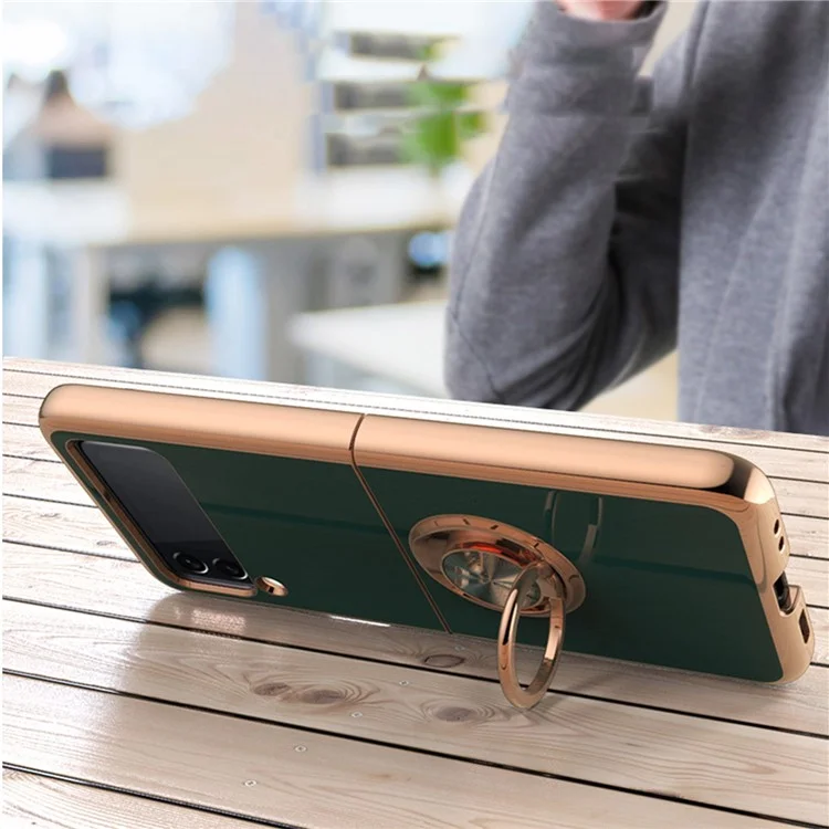 Per Samsung Galaxy Z Flip4 5G Ring Kickstand PC Case Electroplating Folding Phone Cover con Car Mount Metal Sheet - Nero