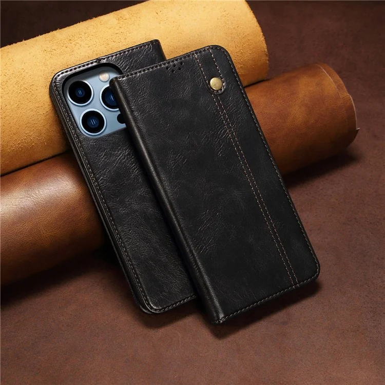 Para Iphone 14 Pro Max 6.7 Pulgadas PU Cuero Cerro Crazy Crazy Horse Texture Case Willet Folio Flip Telephip Cover - Negro