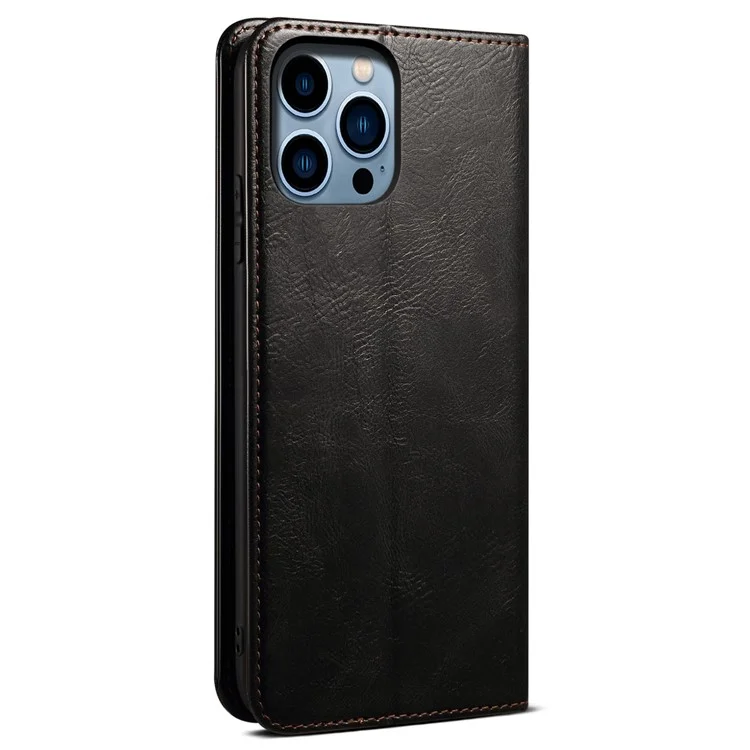 Para Iphone 14 Pro Max 6.7 Pulgadas PU Cuero Cerro Crazy Crazy Horse Texture Case Willet Folio Flip Telephip Cover - Negro