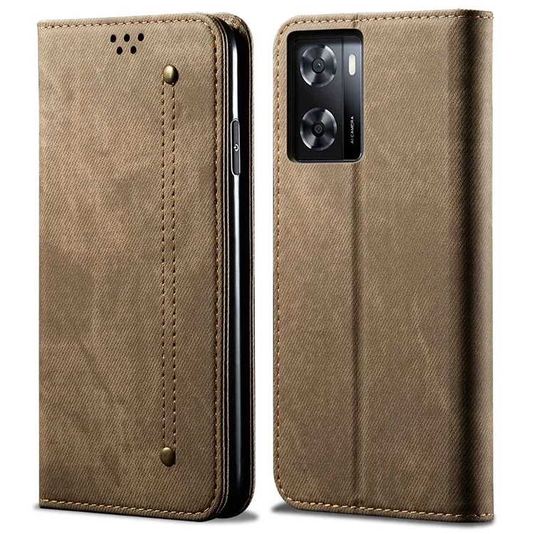 Para Oppo A57 (2022) 5G / A57 4G / A77 5G / A57s 4G / Realme Q5i / V23 5G / Narzo 50 5G Funda de cartera con soporte de funda para teléfono a prueba de golpes, tela vaquera, textura de cuero de PU - Caqui