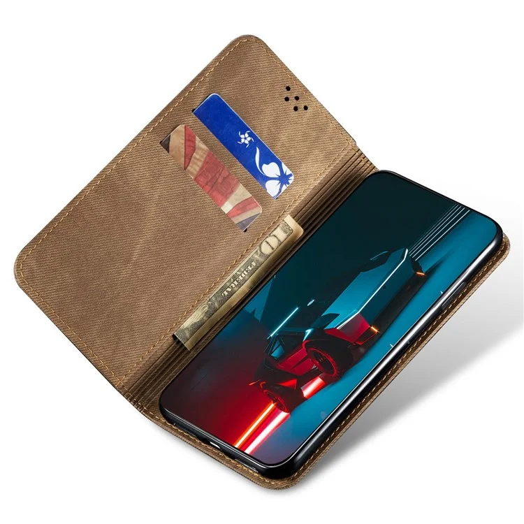 Para Oppo A57 (2022) 5G / A57 4G / A77 5G / A57s 4G / Realme Q5i / V23 5G / Narzo 50 5G Funda de cartera con soporte de funda para teléfono a prueba de golpes, tela vaquera, textura de cuero de PU - Caqui