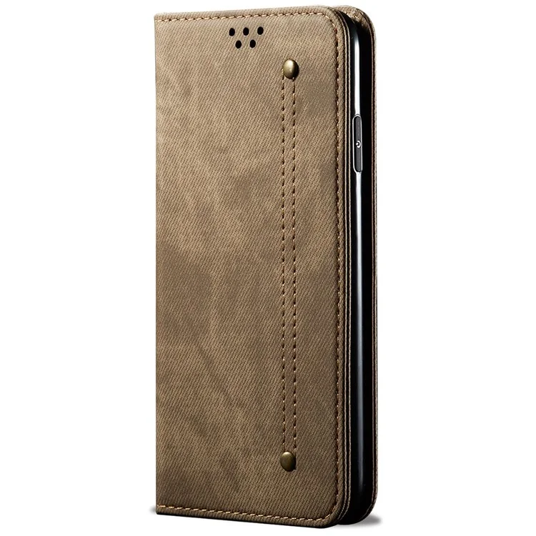 Para Oppo A57 (2022) 5G / A57 4G / A77 5G / A57s 4G / Realme Q5i / V23 5G / Narzo 50 5G Funda de cartera con soporte de funda para teléfono a prueba de golpes, tela vaquera, textura de cuero de PU - Caqui