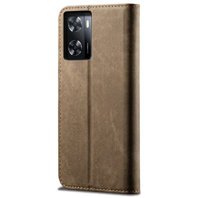Para Oppo A57 (2022) 5G / A57 4G / A77 5G / A57s 4G / Realme Q5i / V23 5G / Narzo 50 5G Funda de cartera con soporte de funda para teléfono a prueba de golpes, tela vaquera, textura de cuero de PU - Caqui