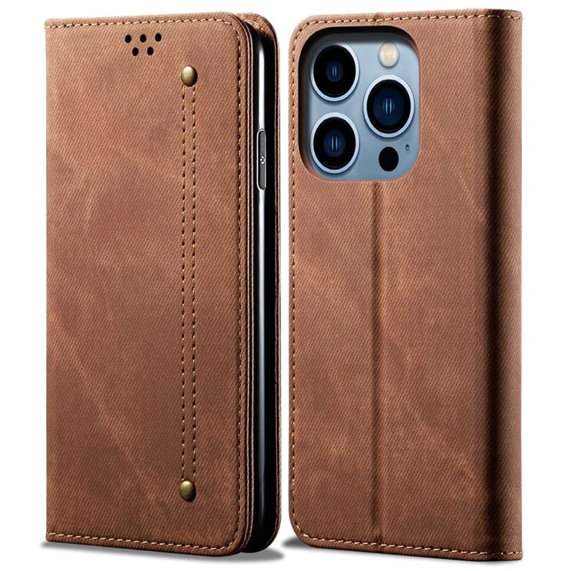 For iPhone 14 Pro 6.1 inch Phone Flip Wallet Cover Stand Scratch-resistant Jeans Cloth Texture PU Leather Mobile Phone Case - Coffee