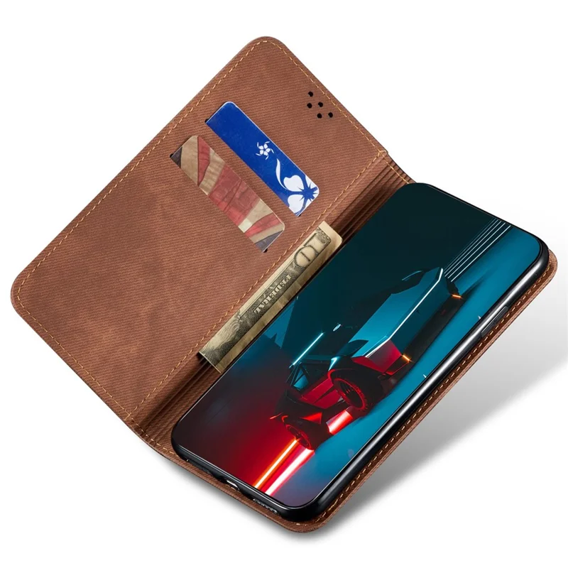 For iPhone 14 Pro 6.1 inch Phone Flip Wallet Cover Stand Scratch-resistant Jeans Cloth Texture PU Leather Mobile Phone Case - Coffee