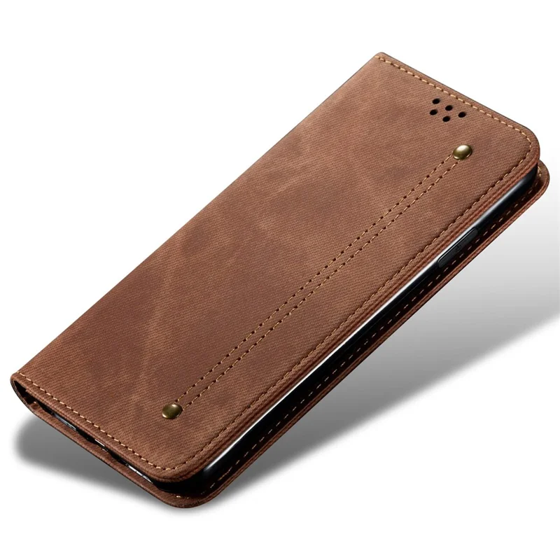 For iPhone 14 Pro 6.1 inch Phone Flip Wallet Cover Stand Scratch-resistant Jeans Cloth Texture PU Leather Mobile Phone Case - Coffee