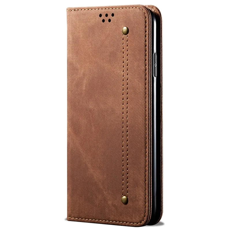 For iPhone 14 Pro 6.1 inch Phone Flip Wallet Cover Stand Scratch-resistant Jeans Cloth Texture PU Leather Mobile Phone Case - Coffee