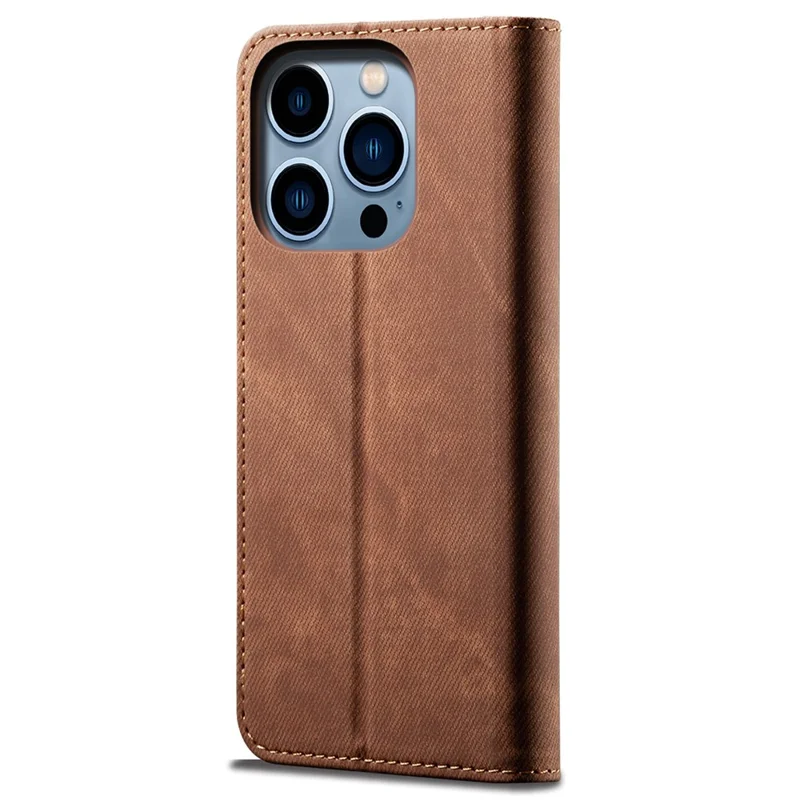 For iPhone 14 Pro 6.1 inch Phone Flip Wallet Cover Stand Scratch-resistant Jeans Cloth Texture PU Leather Mobile Phone Case - Coffee