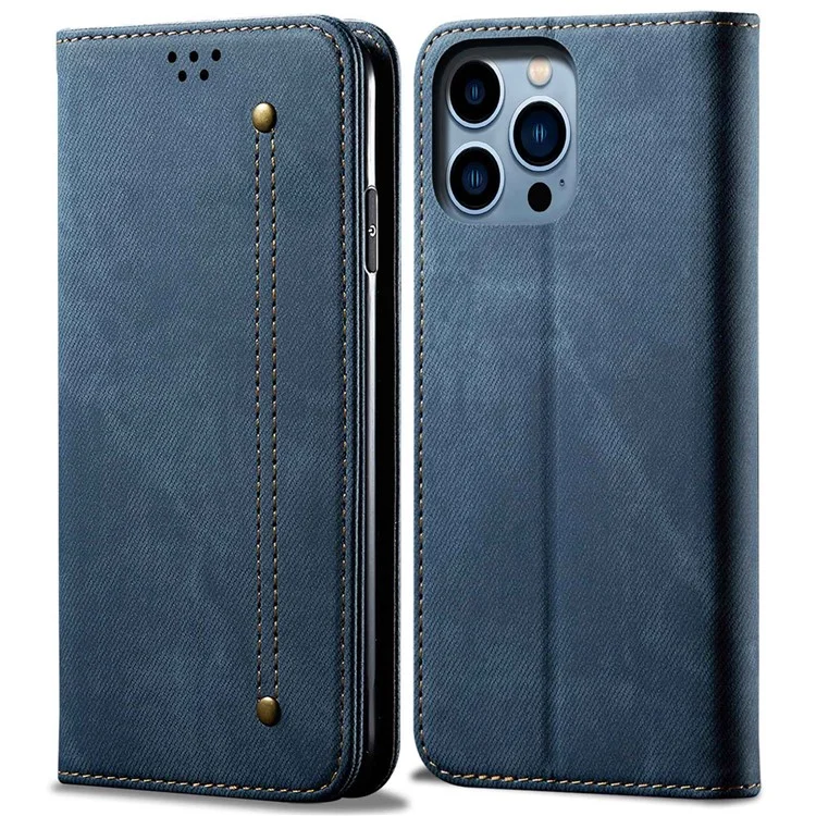 For iPhone 14 Pro Max 6.7 inch Full Protection Phone Wallet Cover Stand Jeans Cloth Texture Magnetic Flip Leather Mobile Phone Case - Blue