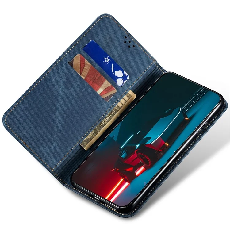 For iPhone 14 Pro Max 6.7 inch Full Protection Phone Wallet Cover Stand Jeans Cloth Texture Magnetic Flip Leather Mobile Phone Case - Blue