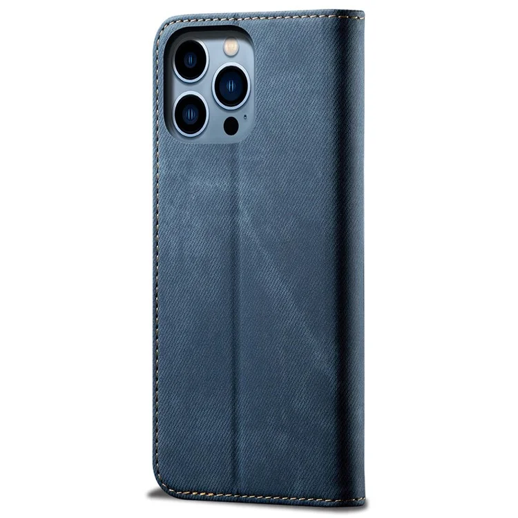 For iPhone 14 Pro Max 6.7 inch Full Protection Phone Wallet Cover Stand Jeans Cloth Texture Magnetic Flip Leather Mobile Phone Case - Blue