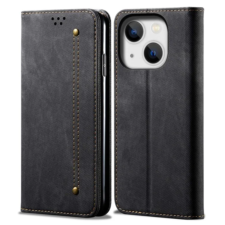 For iPhone 14 Plus Scratch-resistant Flip Leather Case Shockproof Phone Wallet Cover Jeans Cloth Texture - Black