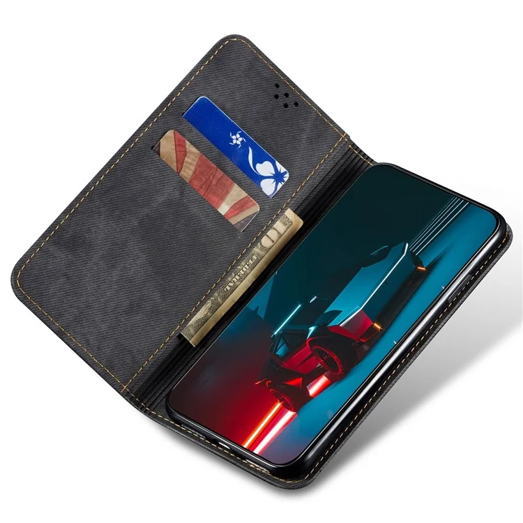 For iPhone 14 Plus Scratch-resistant Flip Leather Case Shockproof Phone Wallet Cover Jeans Cloth Texture - Black