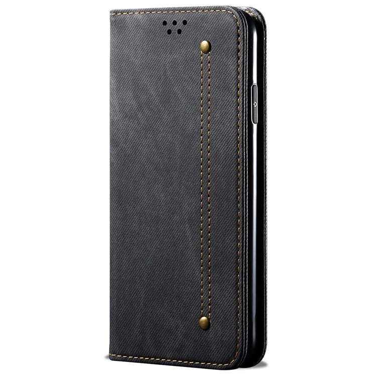 For iPhone 14 Plus Scratch-resistant Flip Leather Case Shockproof Phone Wallet Cover Jeans Cloth Texture - Black
