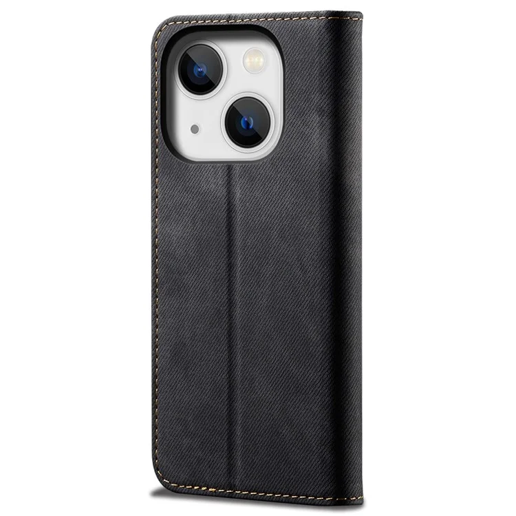 For iPhone 14 Plus Scratch-resistant Flip Leather Case Shockproof Phone Wallet Cover Jeans Cloth Texture - Black
