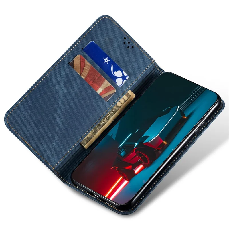 For iPhone 14 Plus Scratch-resistant Flip Leather Case Shockproof Phone Wallet Cover Jeans Cloth Texture - Blue
