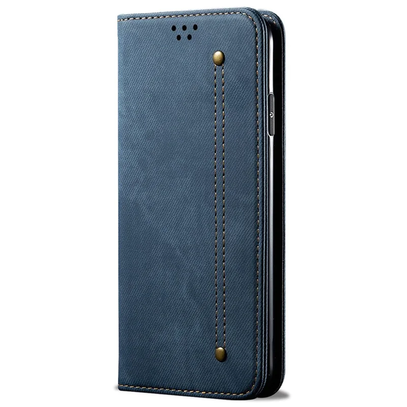 For iPhone 14 Plus Scratch-resistant Flip Leather Case Shockproof Phone Wallet Cover Jeans Cloth Texture - Blue