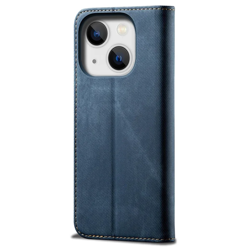 For iPhone 14 Plus Scratch-resistant Flip Leather Case Shockproof Phone Wallet Cover Jeans Cloth Texture - Blue