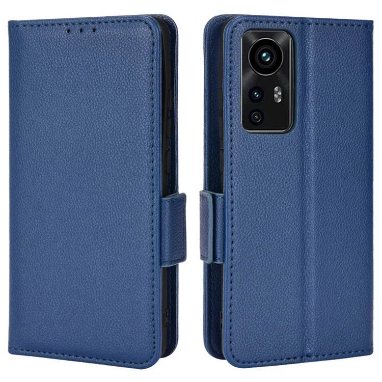 Litchi Texture Phone Cover for Xiaomi 12 Lite 5G, Wallet Stand PU Leather Side Magnetic Clasp Case - Dark Blue